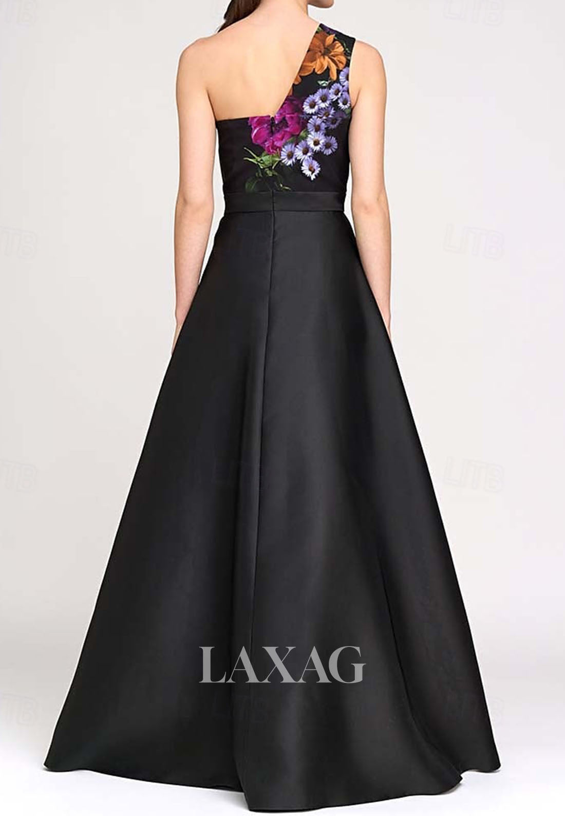 One-Strap Sleeveless Ankle-Length Multi-Color Print-Satin Pleated Mermaid Evening Dress with Train