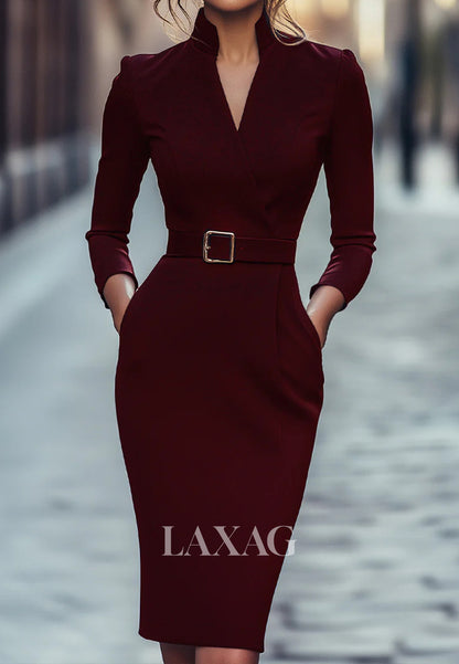 V-Neck Long-Sleeves Mermaid Mother of the Bride Dress Simple Knee-Length Satin Formal Gowns