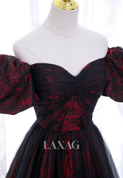 Sweetheart Off-Shoulder Sleeveless A-Line Prom Dress Pleated Print Satin&Tulle Party Gowns