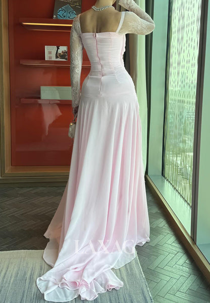 Sweetheart Long-Lace-Sleeves Chiffon Pleated Sheer Sweep Train A-Line Evening Dress