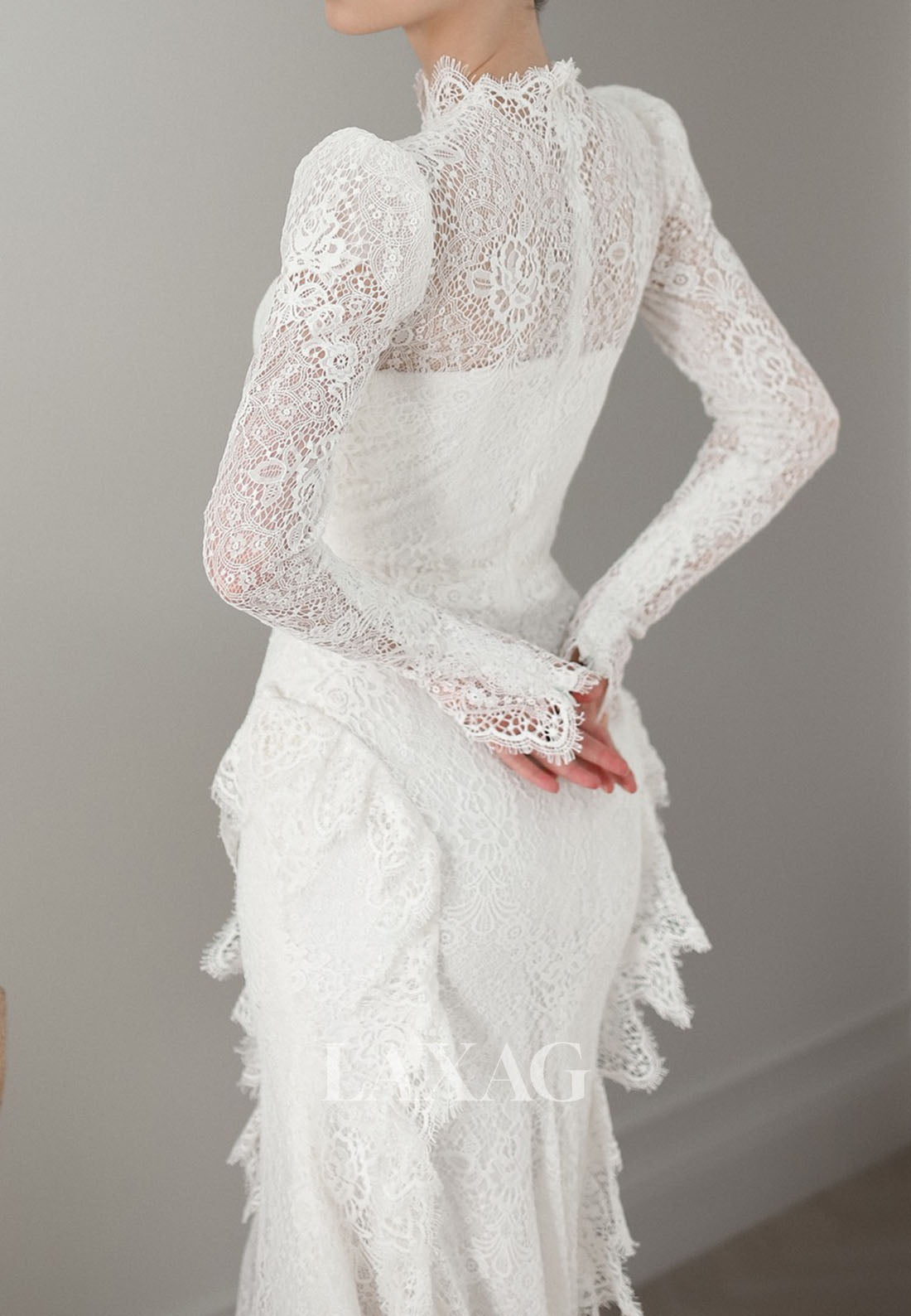 High-Neck Long-Sleeves Mermaid Wedding Dress Pleated Allover Lace Floor-Length Bride Gowns