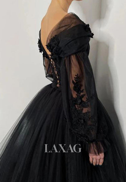 Off-Shoulder Applique Pleated Tulle Formal Gowns V-Neck Long-Sleeves A-Line Wedding Dress