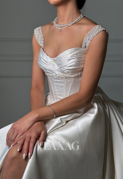 Beaded-Straps Sweetheart Sleeveless Bride Gowns Pleated Satin High Slite A-Line Wedding Dress