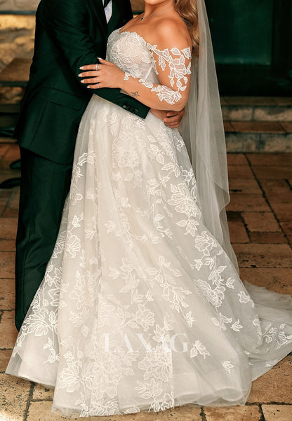 Sweetheart Allover Lace Sheer A-Line Wedding Dress Off-Shoulder Long-Sleeves Bride Gowns