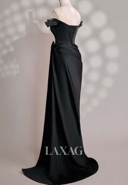 Sweetheart V-Neck Sleeveless Pleated Satin Formal Gowns Rhinestone Beaded Mermaid Evening Dress