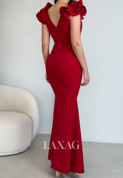 V-Neck Sleeveless Satin Mermaid Evening Dress Ruffled-Strap Floor-Length Formal Gowns