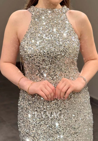 Halter-Neck Off-Shoulder Sleeveless Fully Sequined Short Mermaid Party Homecoming Dress