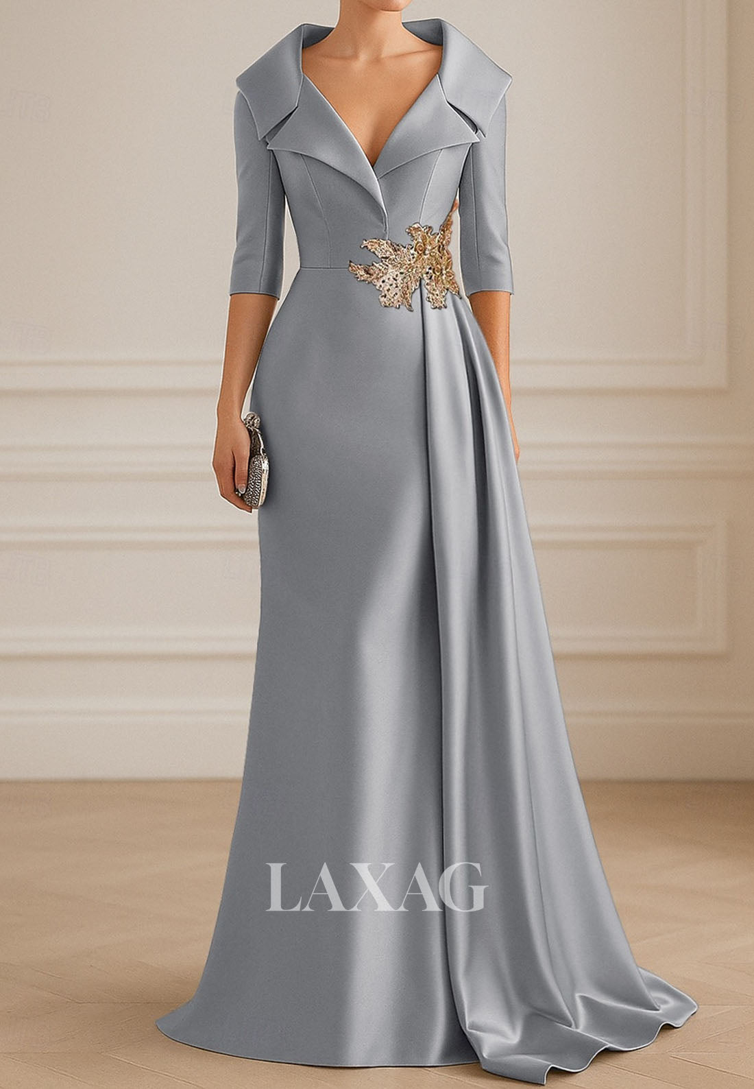 V-Neck Collared 3/4-Sleeves Formal Gowns Floor-Length Sequined Applique Satin Fitted Evening Dress
