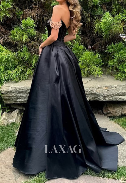 Bateau-Neck Beaded Satin Pleated Party Gowns Off-Shoulder Floor-Length A-Line Prom Dress