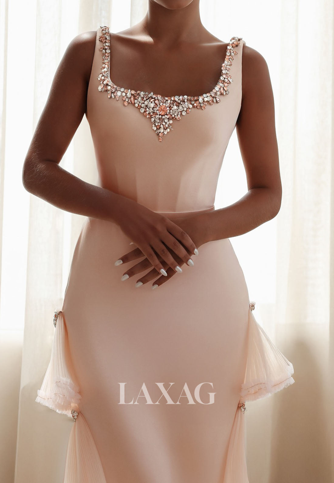 Square-Neck Straps Beaded Mermaid Evening Dress Sleeveless Pleated Tulle&Satin Formal Gowns