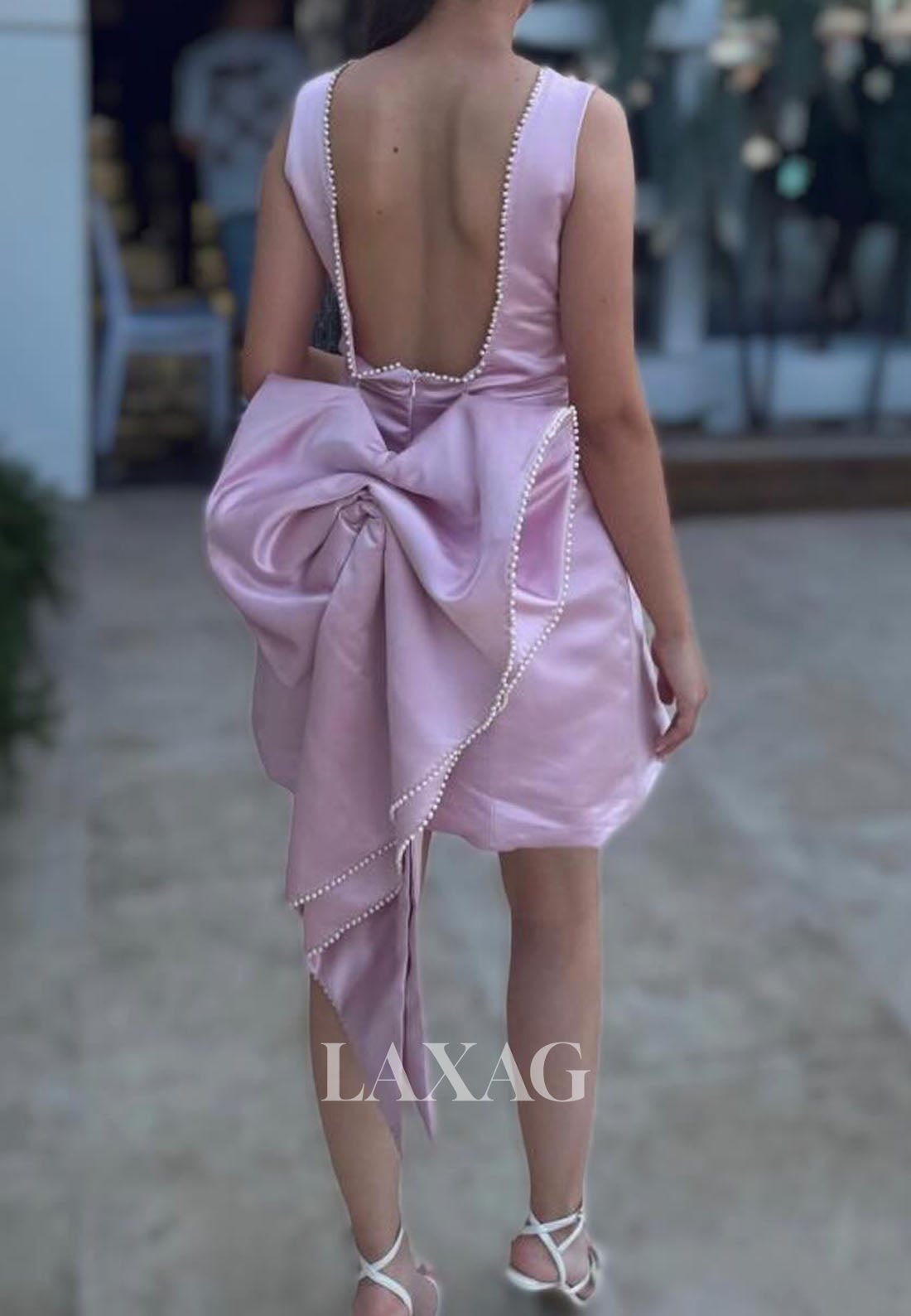 Scoop-Neck Sleeveless Beaded Satin A-Line Party Homecoming Dress with Big Bow