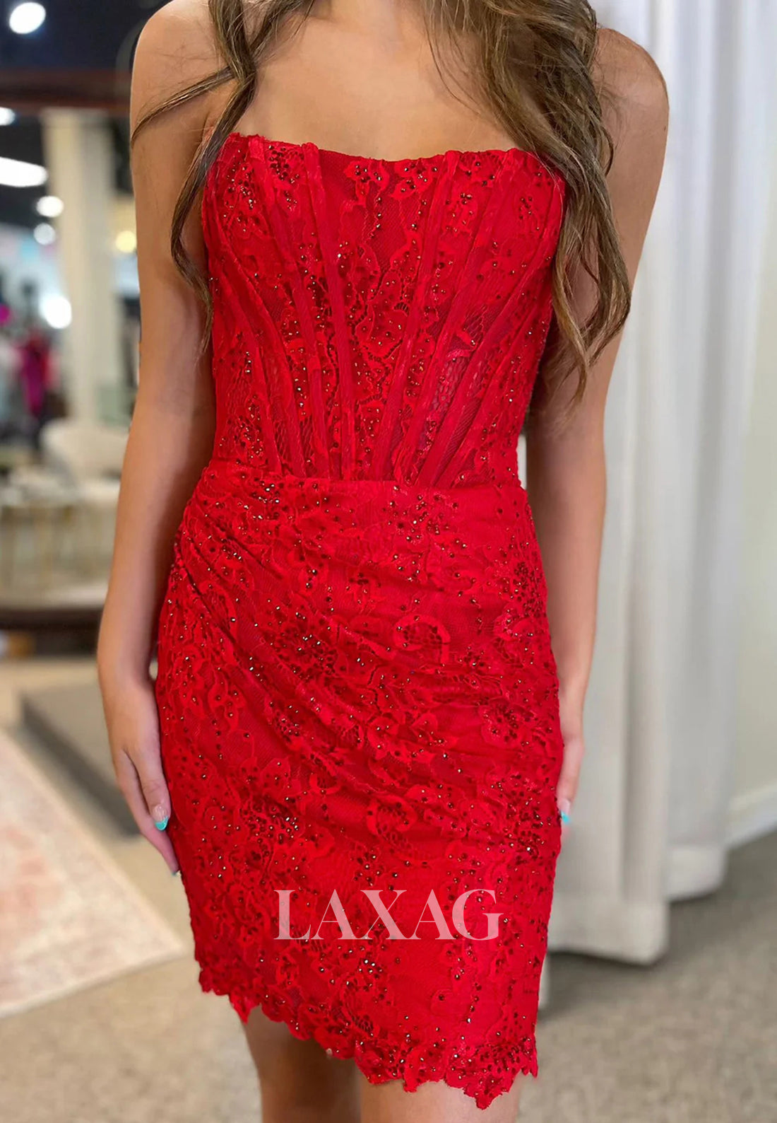 Scoop-Neck Off-Shoulder Sleeveless Beaded Allover Lace Pleated Mermaid Party Homecoming Dress