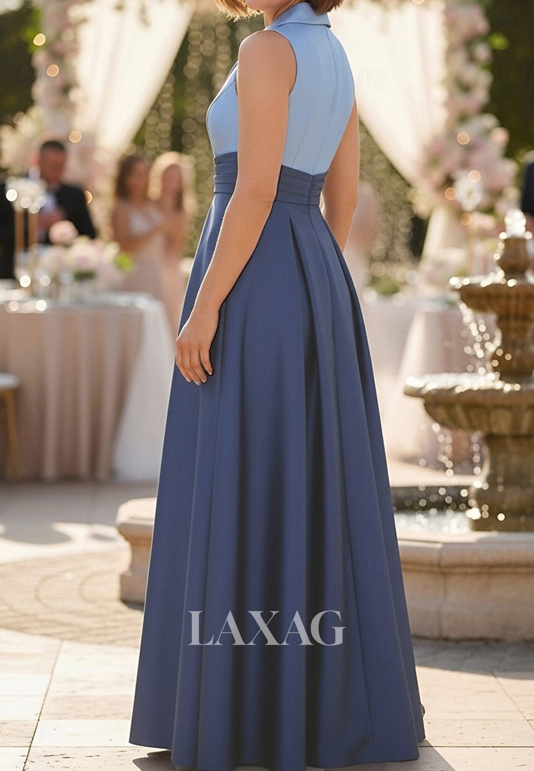 Collared V-Neck Sleeveless Two Tone Satin Pleated Floor-Length A-Line Mother of the Bride Dress