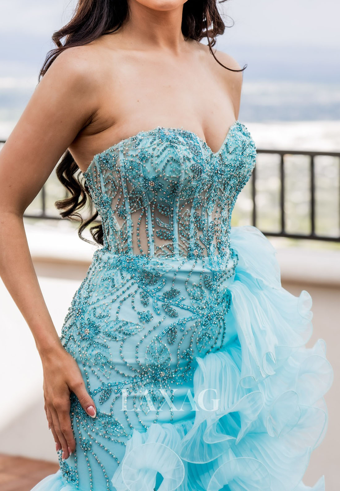 Sweetheart Sleeveless Tulle Tiered Mermaid Prom Dress Off-Shoulder Beaded Floor-Length Party Gowns