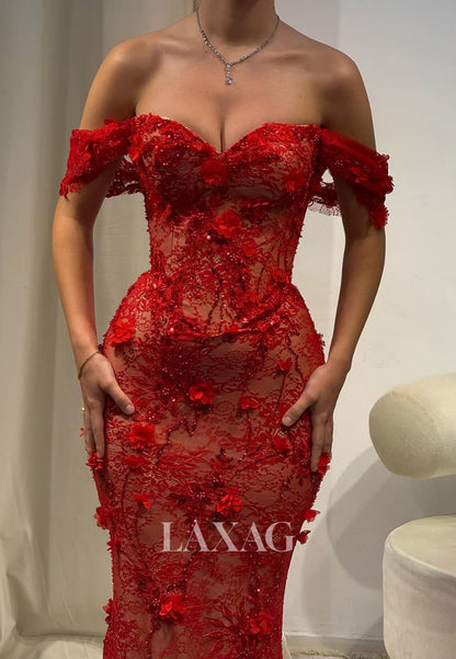 Sweetheart Beaded Allover Lace Party Gowns Off-Shoulder Floral Embellished Mermaid Prom Dress