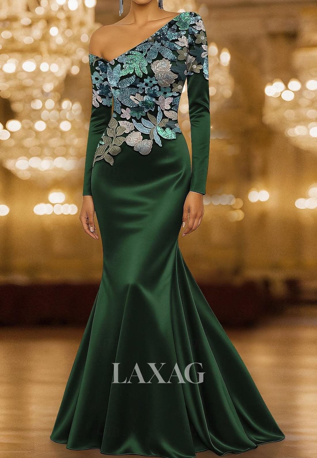 Asymmetrical-Neck Long-Sleeves Sequined Applique Satin Trumpet Mermaid Evening Dress