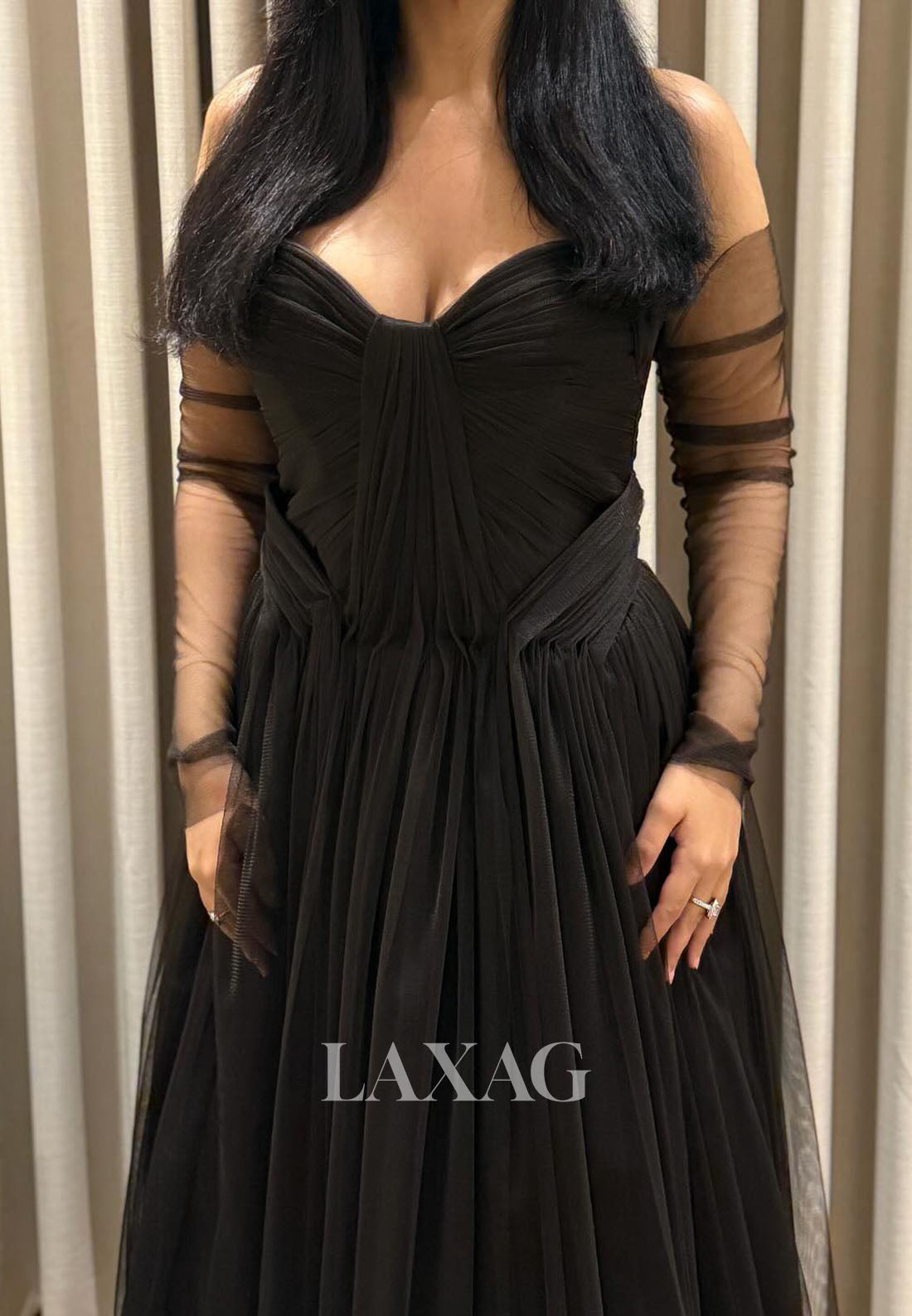 Sweetheart Off-Shoulder Long-Sleeves Floor-Length Sheer Pleated Tulle A-Line Evening Dress
