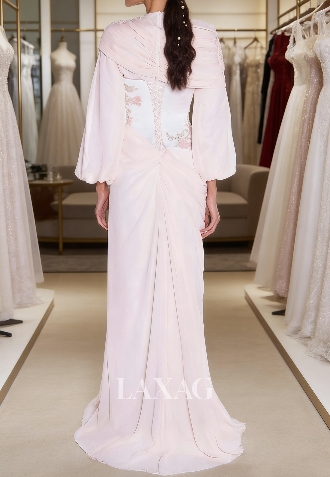 Scoop-Neck Long-Sleeves Fitted Evening Dress Sequined Applique Chiffon Pleated Formal Gowns