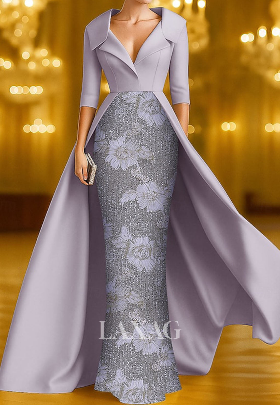 V-Neck Collared 3/4-Sleeves Floor-Length  Sequined Applique Satin Mermaid Evening Dress
