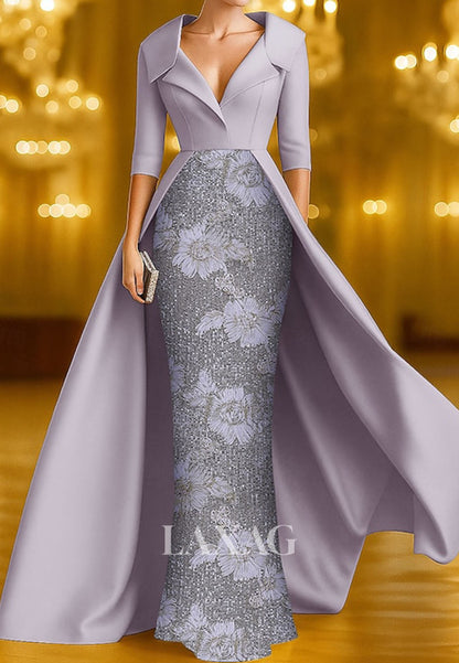 V-Neck Collared 3/4-Sleeves Floor-Length  Sequined Applique Satin Mermaid Evening Dress