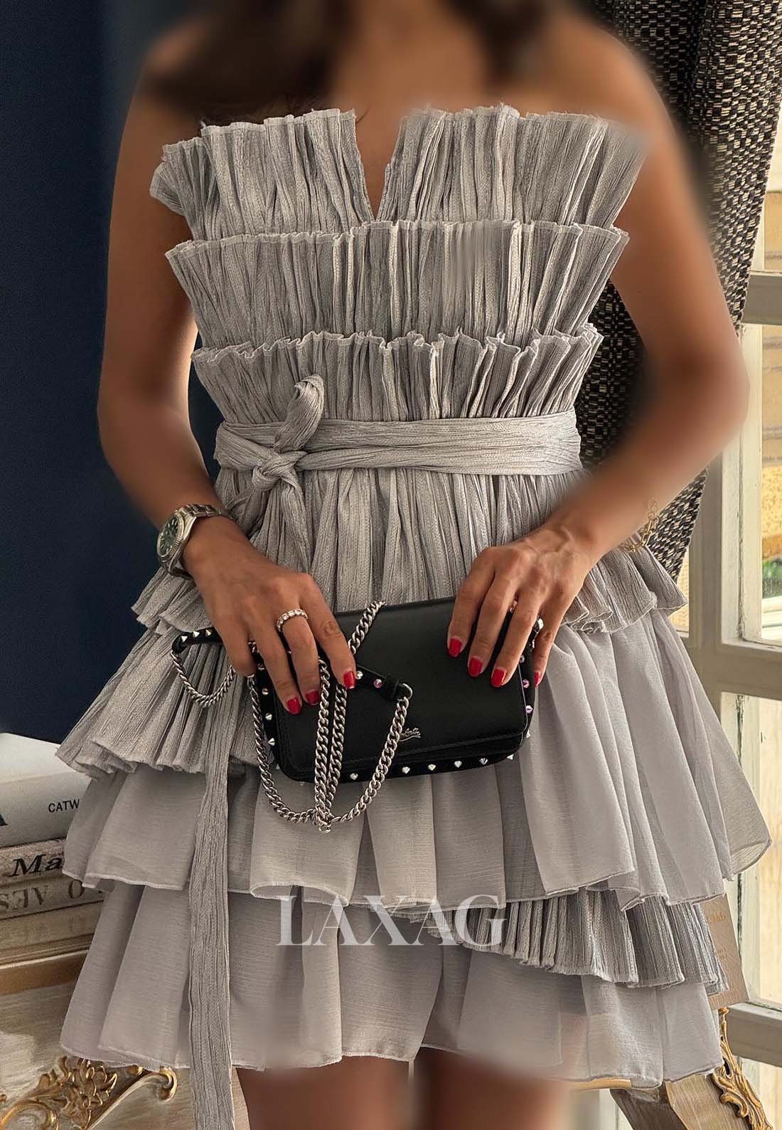 Tube Top Off-Shoulder Sleeveless Pleated Chiffon Tiered Short A-Line Party Homecoming Dress