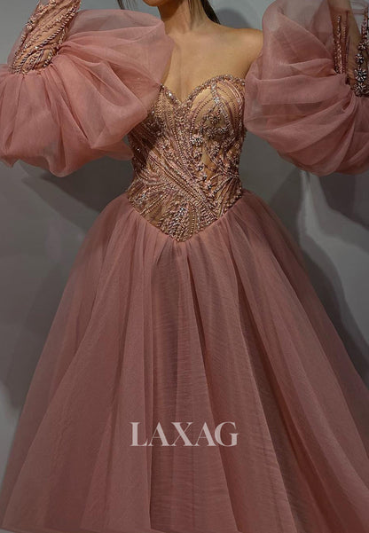Sweetheart Long-Puff-Sleeves A-Line Prom Dress Beaded Sequined Applique Tulle Pleated Party Gowns