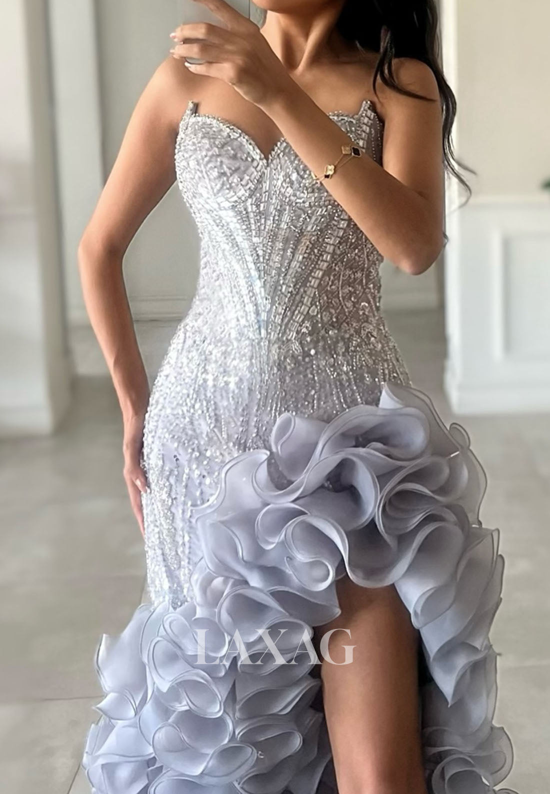 Off-Shoulder Sweetheart Sequined Beaded Chiffon Ruffled Mermaid Prom Dress with High Slit