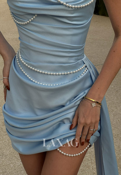 Scoop-Neck Off-Shoulder Sleeveless Pearls Pleated Satin Mermaid Party Homecoming Dress