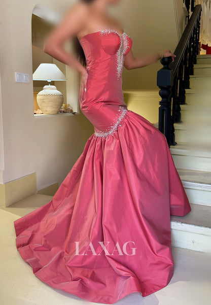 Sweetheart Off-Shoulder Sleeveless Beaded Pleated Satin A-Line Evening Dress with Sweep Train