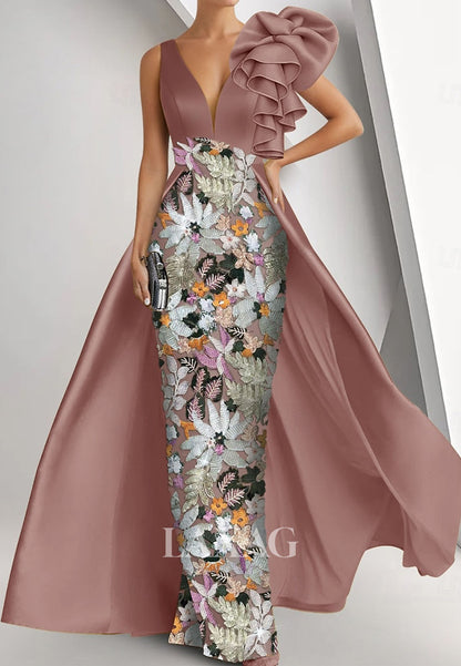 Deep V-Neck Straps Ruffled Satin Mermaid Evening Dress Floor-Length Sequined Applique Formal Gowns