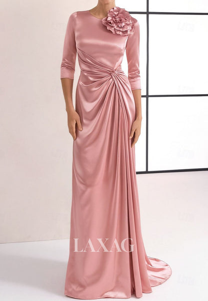 Scoop-Neck 3/4-Sleeves Floral Embellished Pleated Satin Fitted Evening Dress with Sweep Train