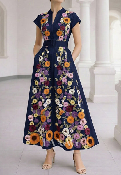V-Neck Cap-Sleeves 3D-Floral Jacquard Satin Ankle-Length A-line Formal Morth of the Bride Dress