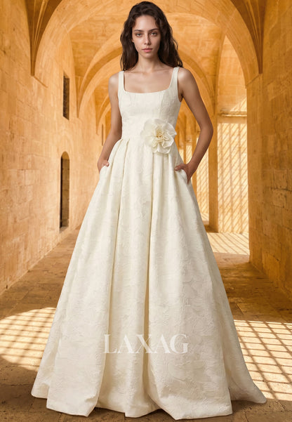 Square-Neck Straps Sleeveless 3D-Floral Jacquard Satin Pleated A-Line Wedding Dress with Train