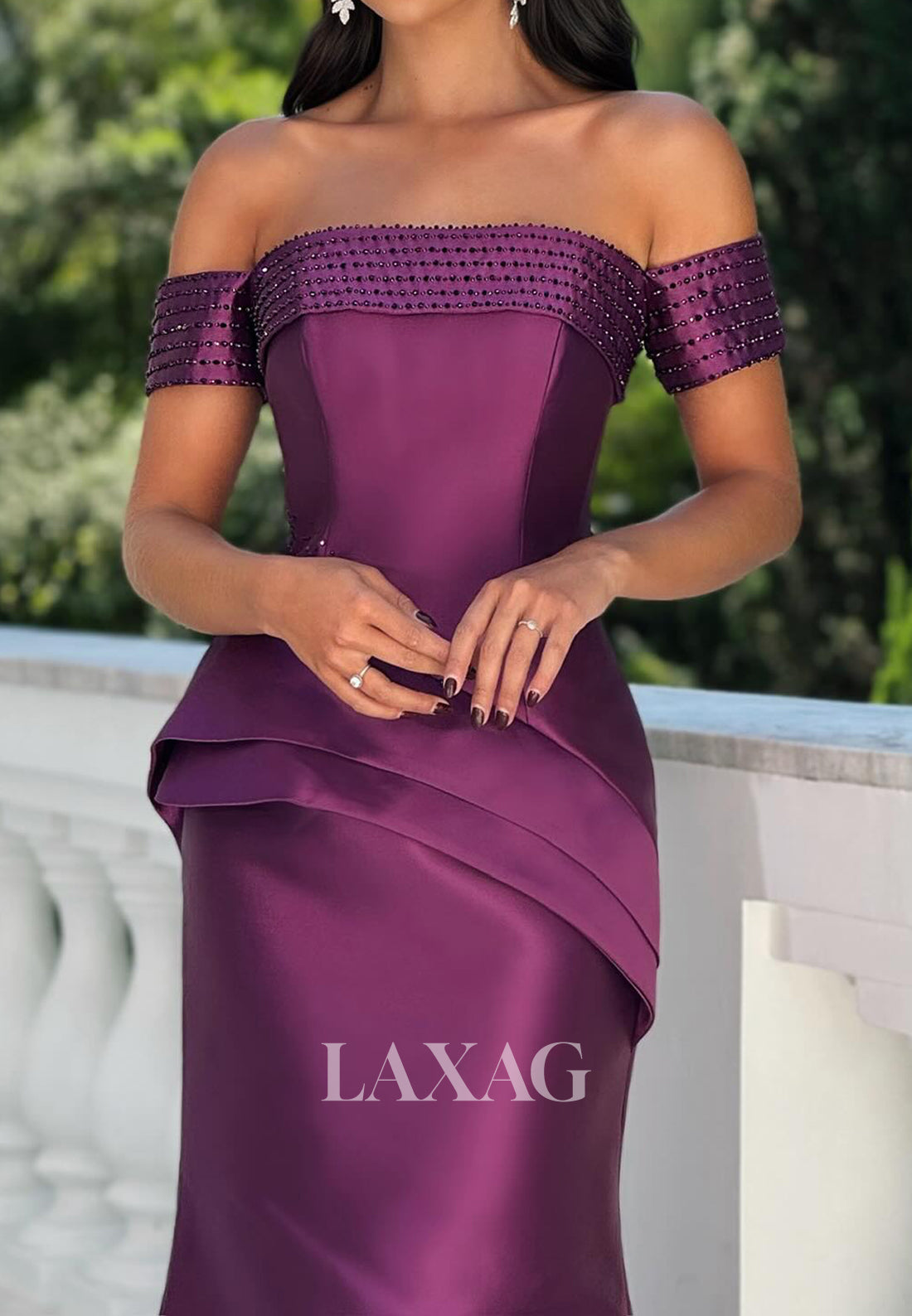 Tube Top Off-Shoulder Sleeveless Beaded Satin Mermaid Evening Dress with Sweep Train