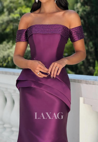 Tube Top Off-Shoulder Sleeveless Beaded Satin Mermaid Evening Dress with Sweep Train