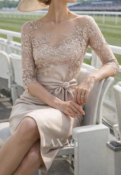 Scoop-Neck Half-Sleeves 3D-Floral Applique Tea-Length Mermaid Mother of the Bride Dress