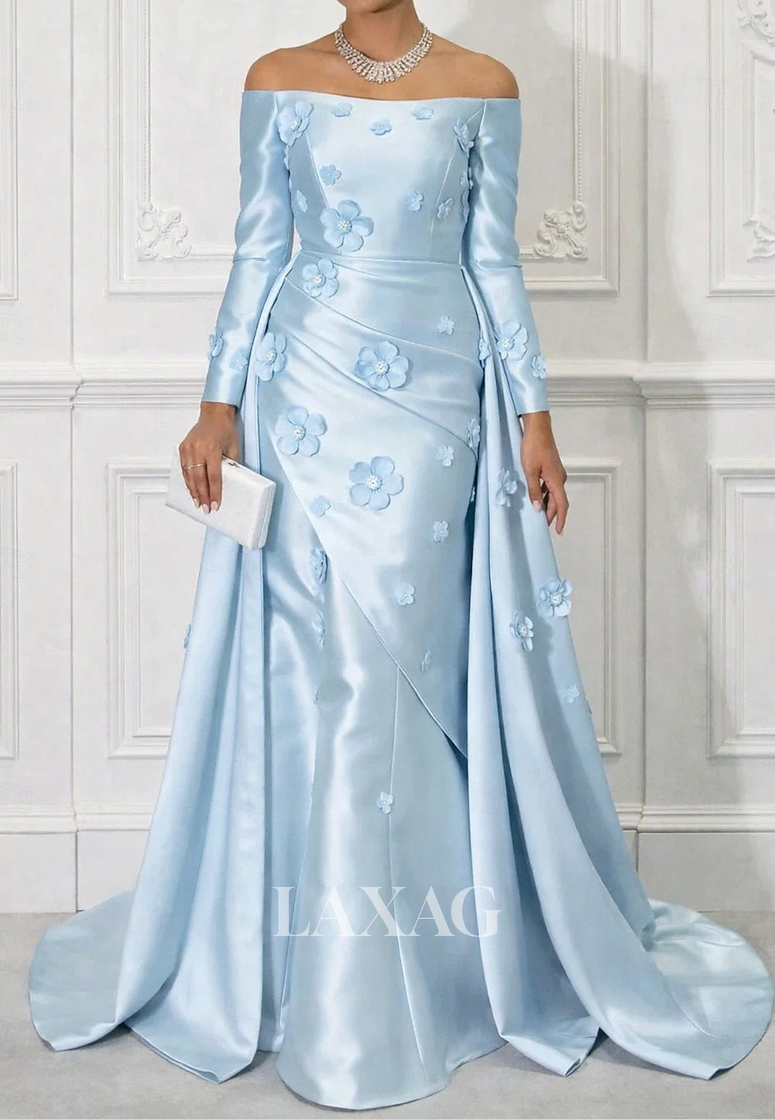 Bateau-Neck Off-Shoulder Long-Sleeves 3D-Floral Satin Pleated Mermaid Mother of the Bride Dress