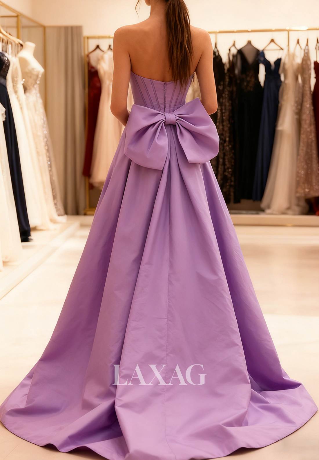 Tube Top Off-Shoulder Sleeveless Pleated Satin High Slit A-Line Prom Dress with Big Bow