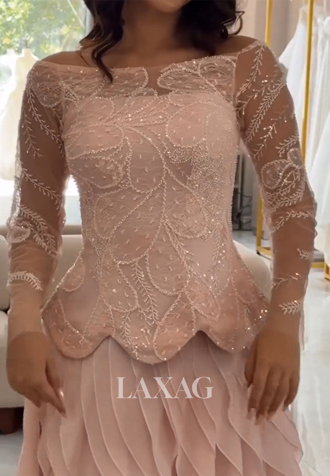 Bateau-Neck Long-Sleeves Sequined Beaded Tulle&Chiffon Sheer Tiered Fitted Evening Dress