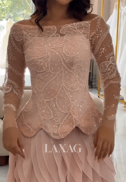 Bateau-Neck Long-Sleeves Sequined Beaded Tulle&Chiffon Sheer Tiered Fitted Evening Dress