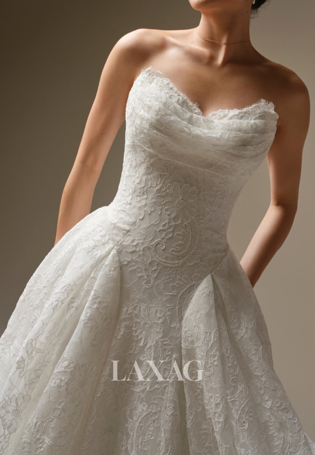 Sweetheart Long-Sleeves Allover Lace Applique Pleated A-Line Wedding Dress with Train