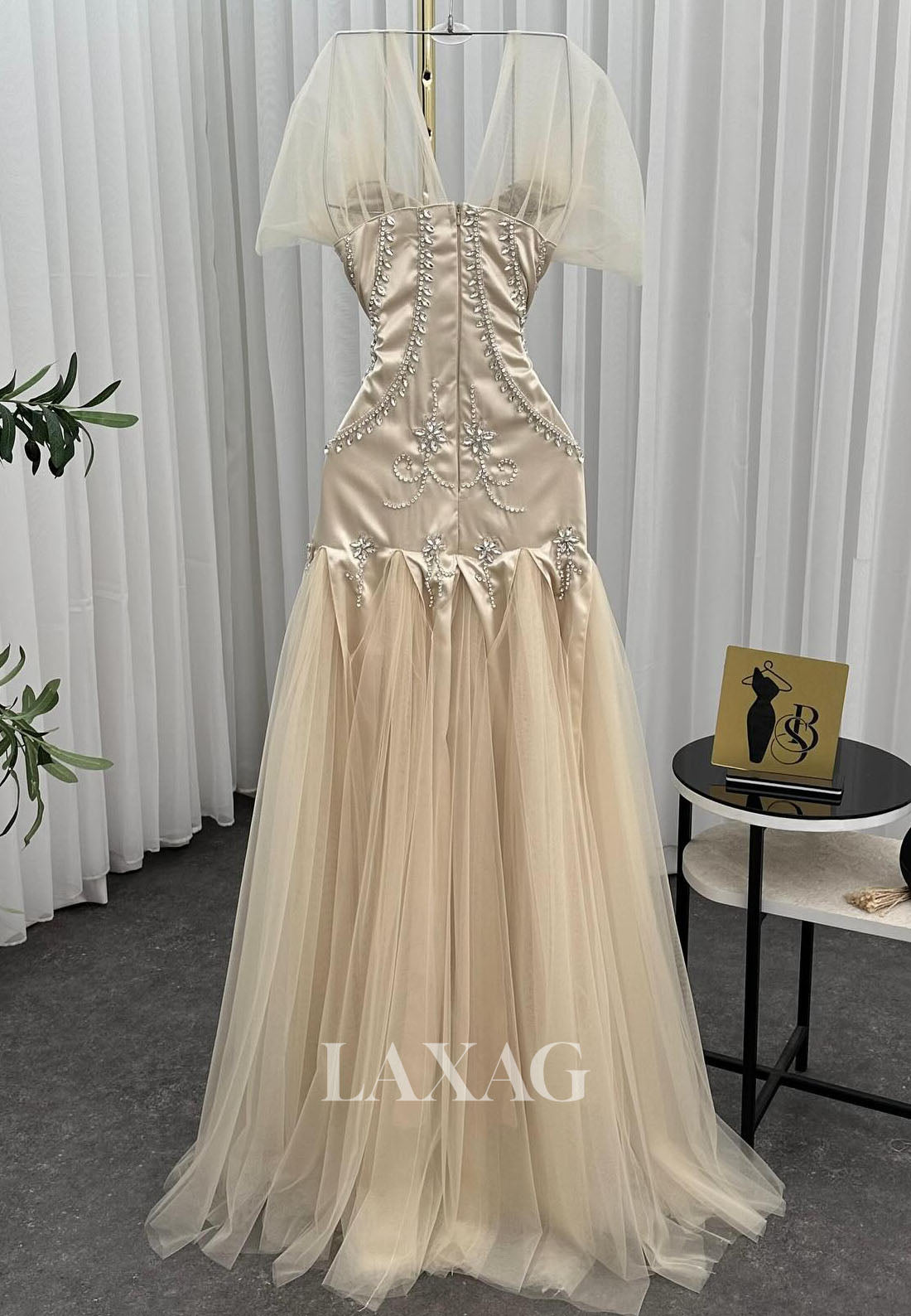 Sweetheart Sleeveless Rhinestone Beaded Pleated Satin Tulle A-Line Formal Evening Dress