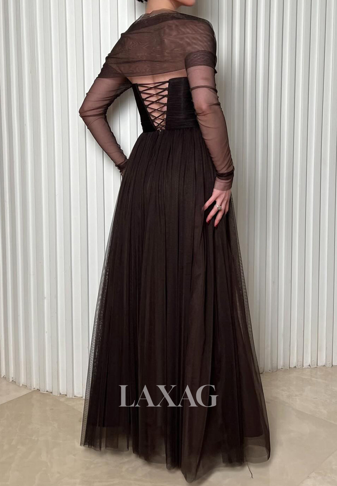 Sweetheart Long-Sleeves Floor-Length Tulle Pleated Sheer Simple A-Line Evening Dress