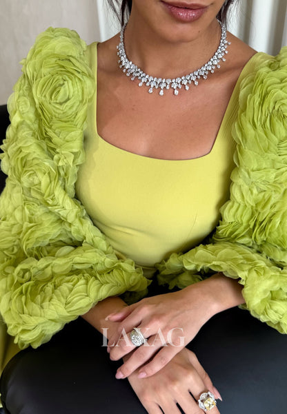 Square-Neck Long-Sleeves Fitted Evening Dress Satin&Chiffon Floral Embellished Formal Gowns