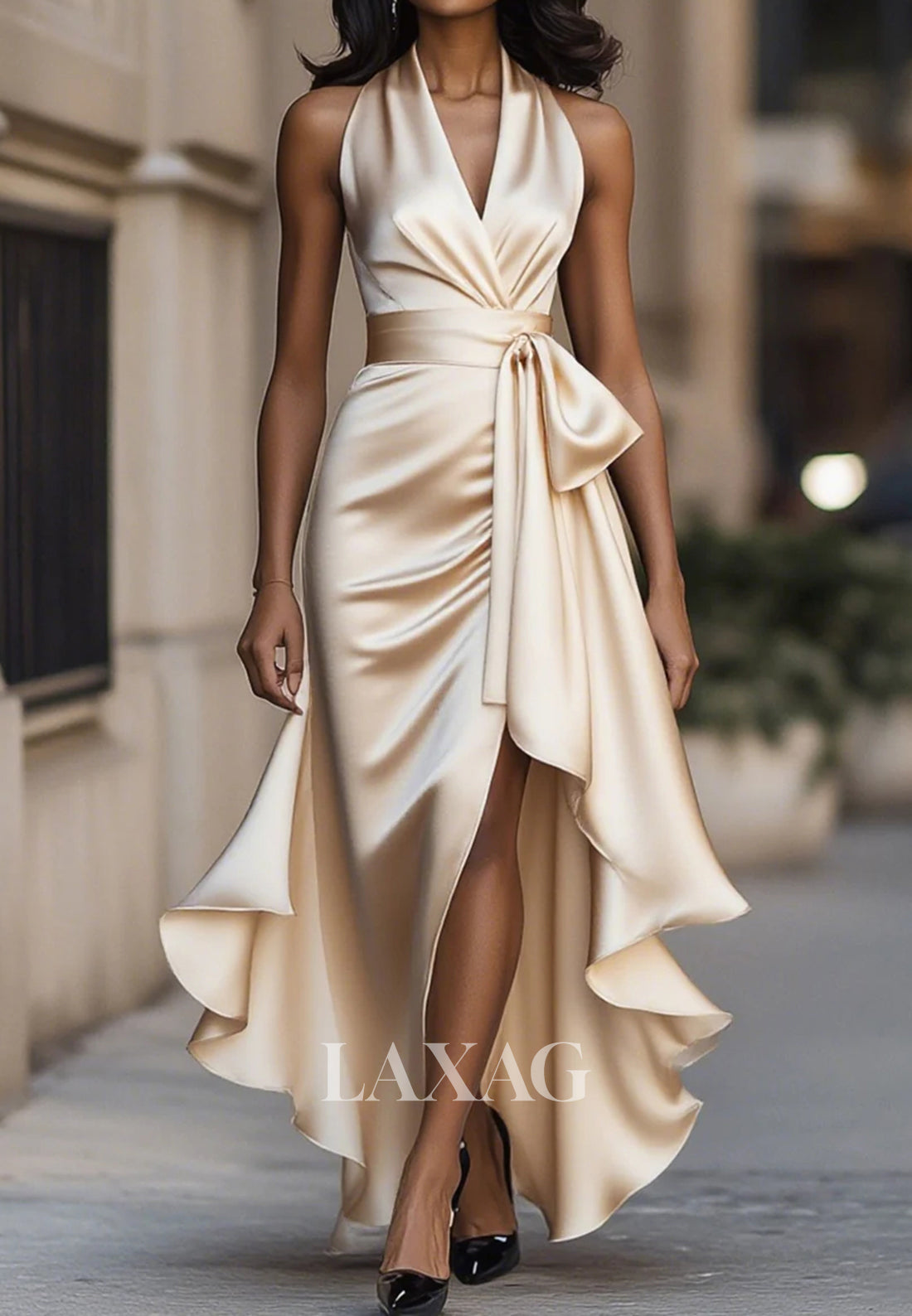 Halter V-Neck Sleeveless Mermaid Mother of Bride Dress Sleeveless High-Low Pleated Satin Formal Gowns