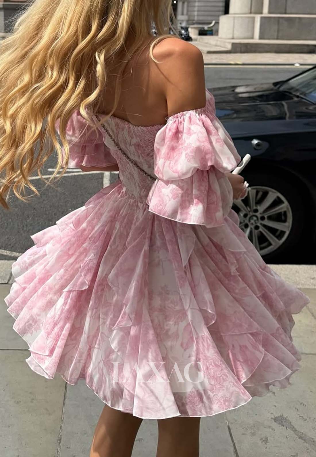 Bateau-Neck Off-Shoulder Sleeveless Pleated Print-Chiffon Tiered A-Line Party Homecoming Dress