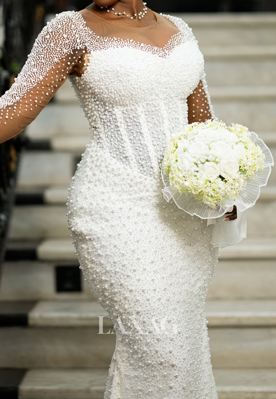 Sweetheart Long-Sleeves Fully Beaded Tulle&Satin Mermaid Wedding Dress with Train