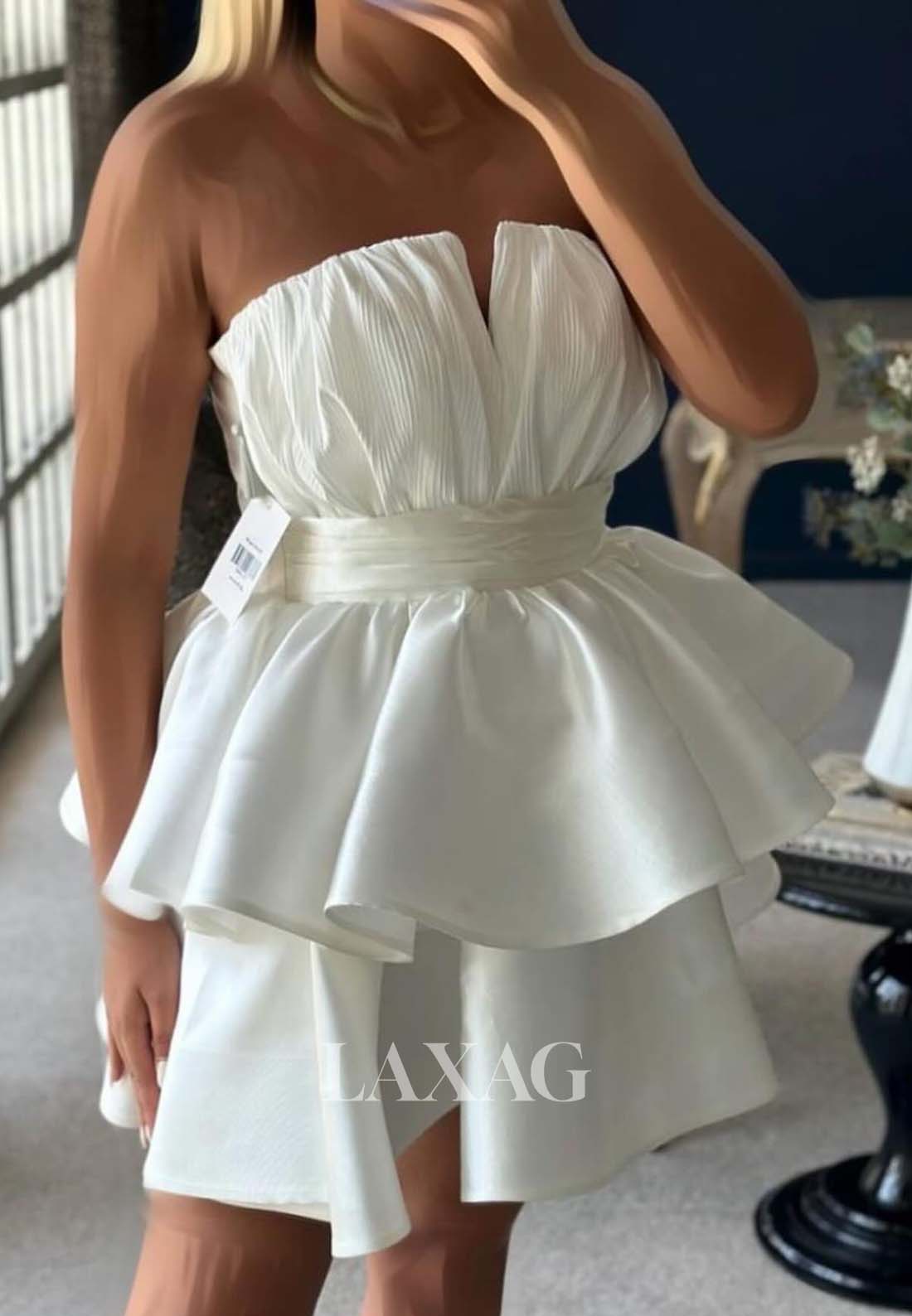 Bateau-Neck Off-Shoulder Sleeveless Pleated Satin Tiered Simple A-Line Party Homecoming Dress