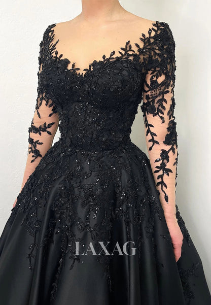 V-Neck Long-Sleeves Pleated Satin A-Line Wedding Dress Sequined Applique Formal Gowns