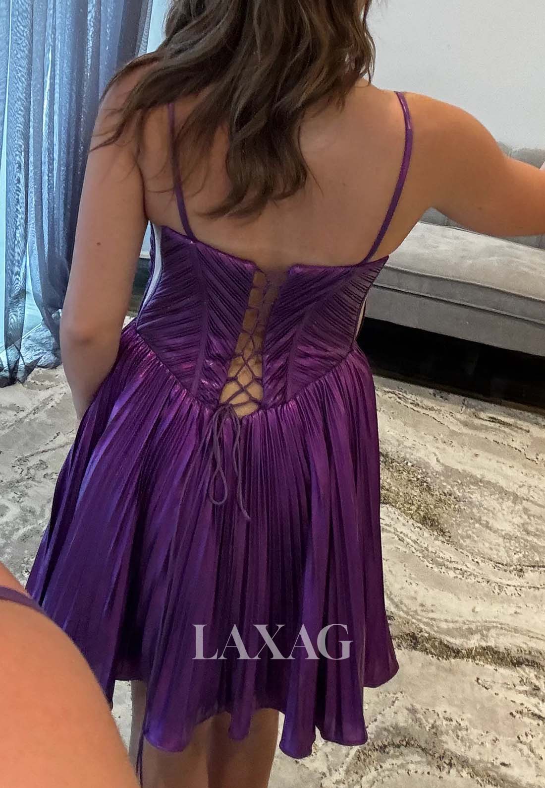 V-Neck Spaghetti Straps Sleeveless Pleated Satin Short A-Line Party Homecoming Dress